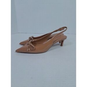 MNG MANGO Patent Nude Tan Kitten Heel Pointed Toe Slingback Heels Size 7